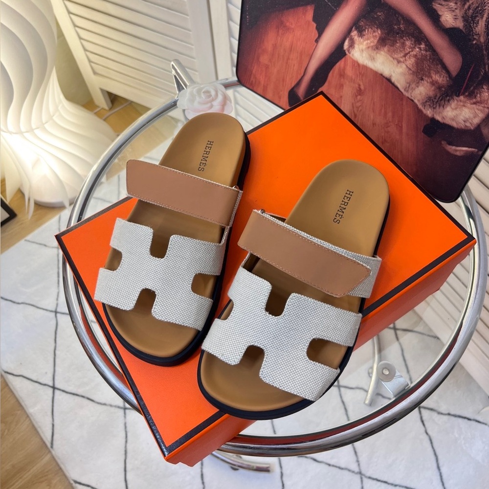 Hermes White & Tan Women's H Sandal Slide